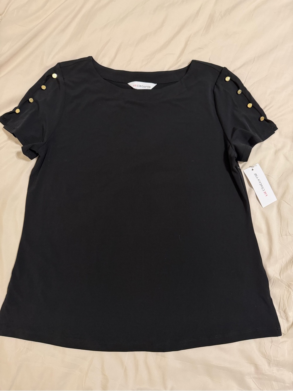 Liz Claiborne Black Short Sleeve Top with Gold-Tone Button Accents